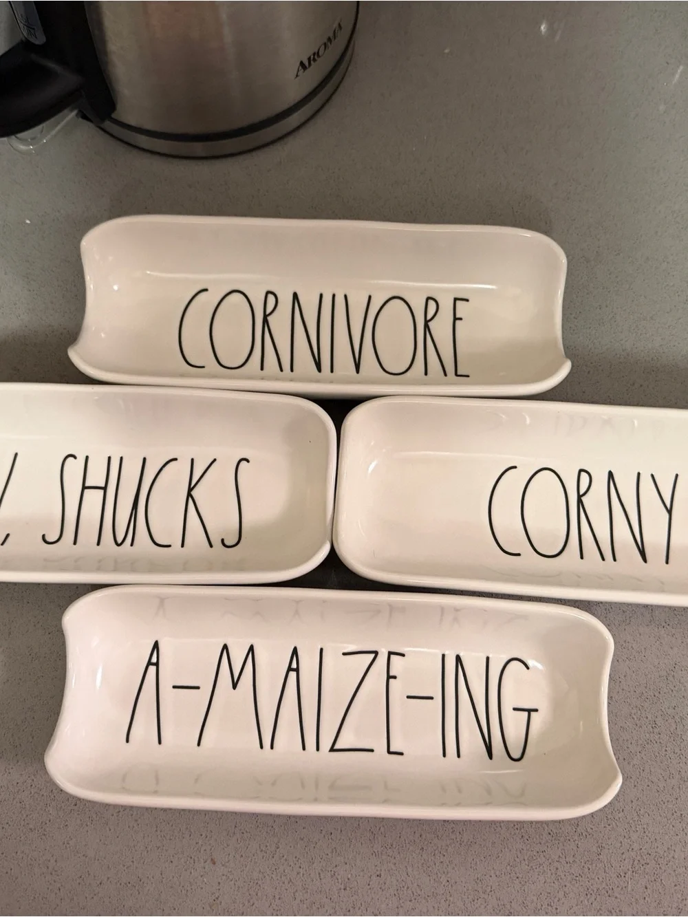 Rae Dunn - White Ceramic Corn Serving Set of 4 Stakes and Dishes